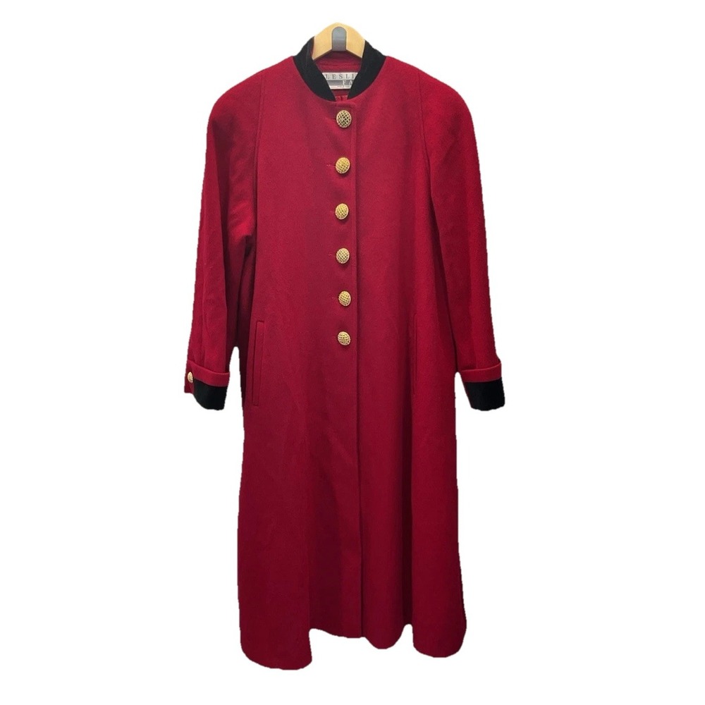 Gorgeous VTG Leslie Fay Wool Overcoat FULL LENGTH Red Brass Button Sz 8 Elegant